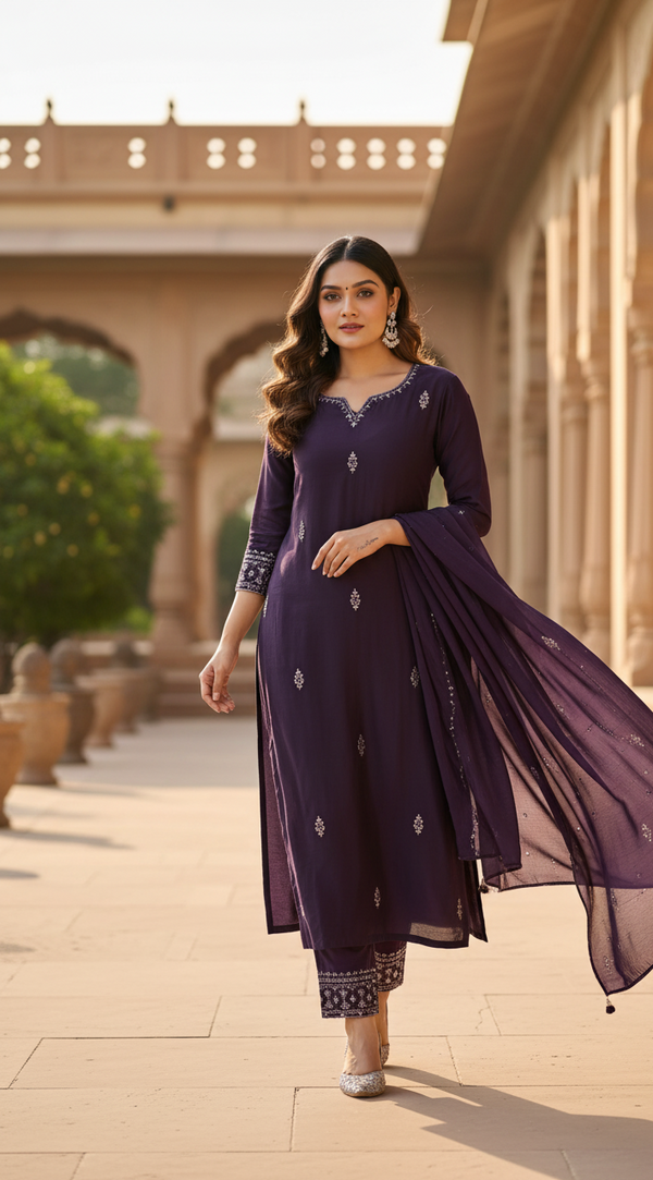 Women's Ethnic Motifs Embroidered Kurta with Trouser(Pant) & Dupatta