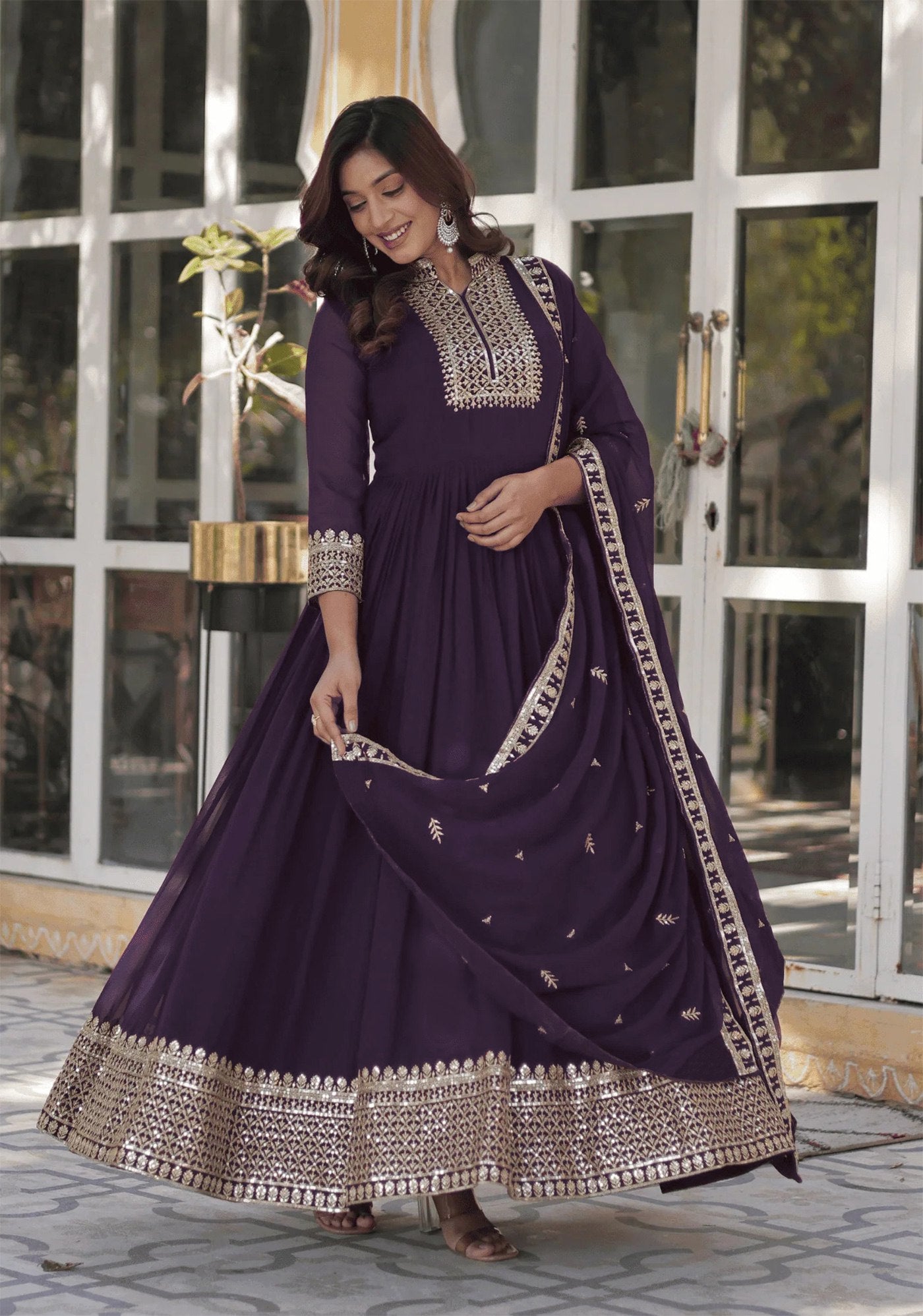 Wine Saffron Embroidered Georgette Stitched Anarkali Gown With dupatta