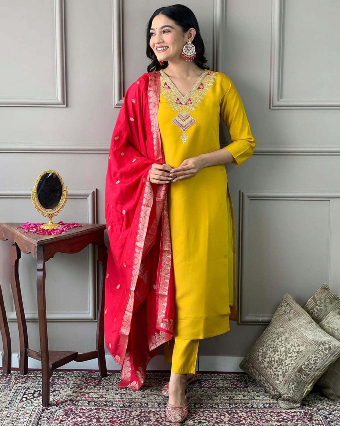 Mustard Yellow Kurta Pant Set with Red Embroidered Dupatta | Festive & Party Wear