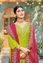 Lime Green Mirror Work Kurta Set with Pink Bandhani Dupatta | Festive & Ethnic Wear