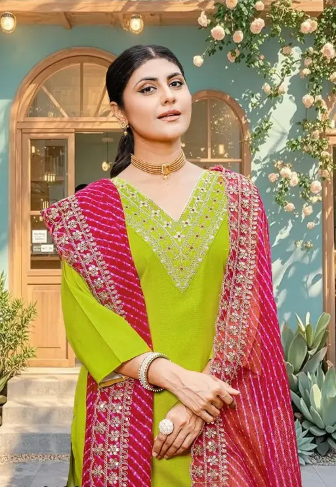 Lime Green Mirror Work Kurta Set with Pink Bandhani Dupatta | Festive & Ethnic Wear