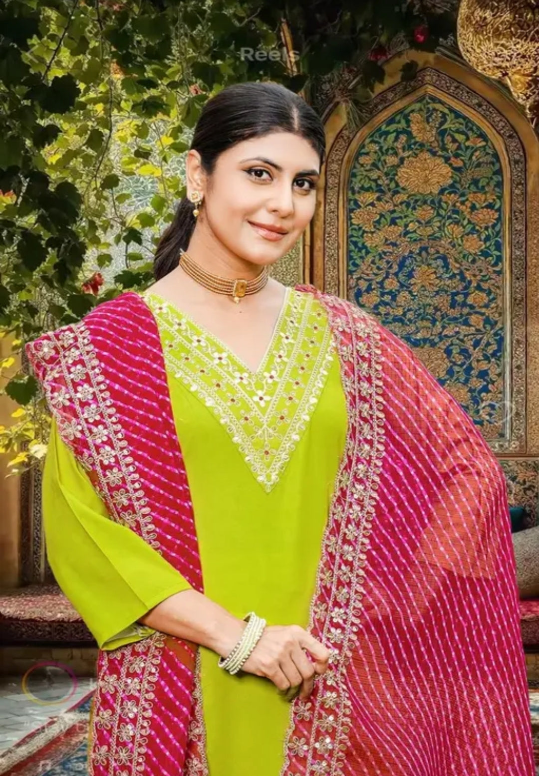 Lime Green Mirror Work Kurta Set with Pink Bandhani Dupatta | Festive & Ethnic Wear