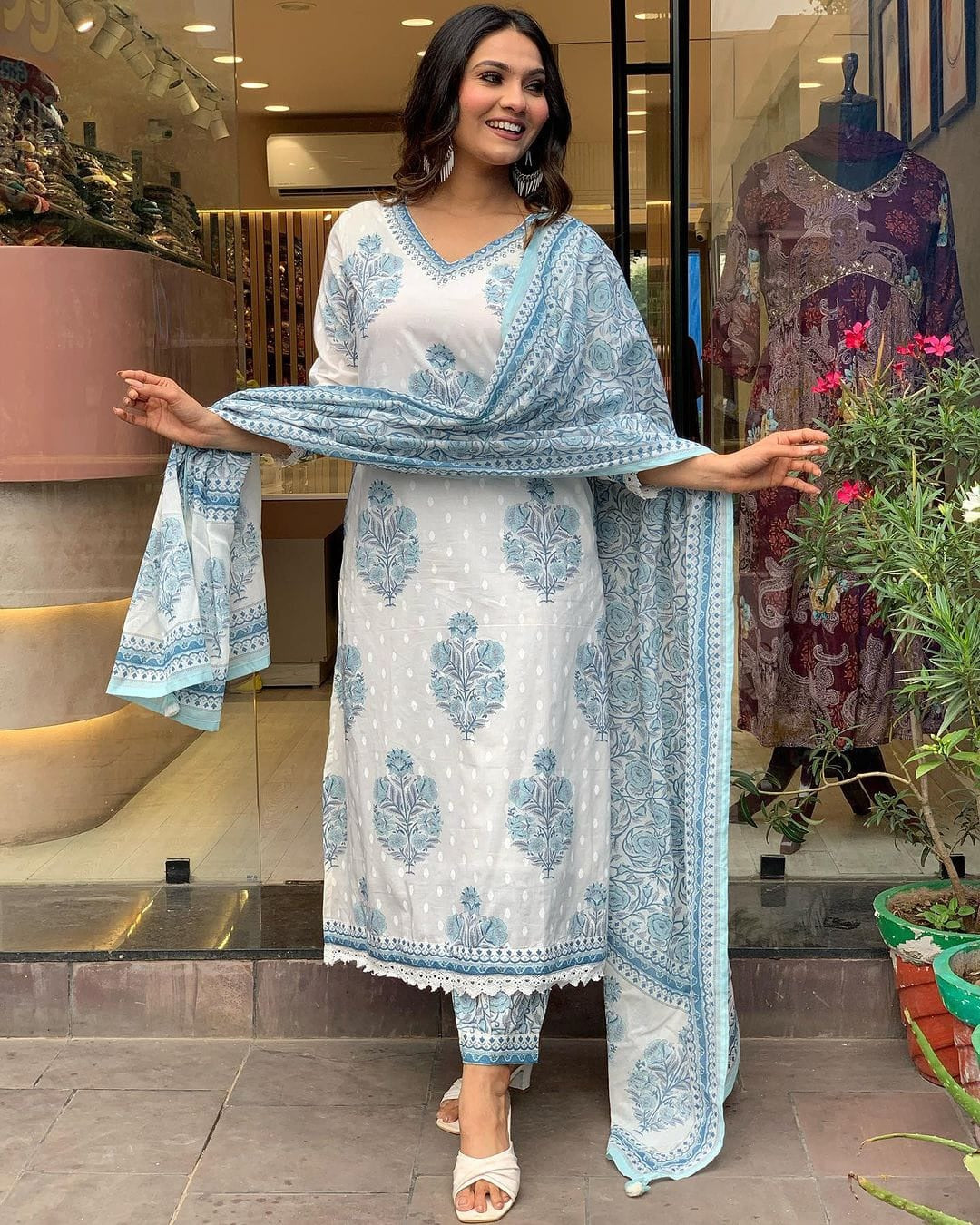 Primium Serene Sky Floral Printed Cotton Kurta Pant Dupatta