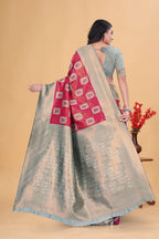 Gorgeous Rani Pink and Silver Gray Woven Silk Saree