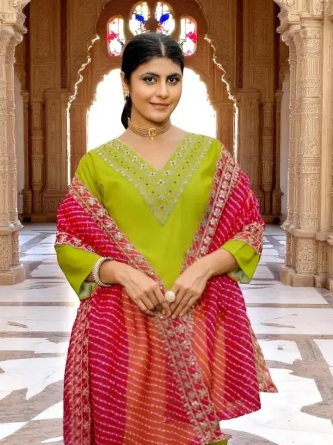 Lime Green Mirror Work Kurta Set with Pink Bandhani Dupatta | Festive & Ethnic Wear