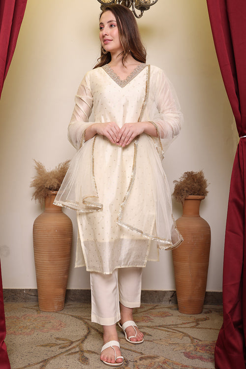 Biba Off-White Embroidered Kurta Pant Set With Dupatta