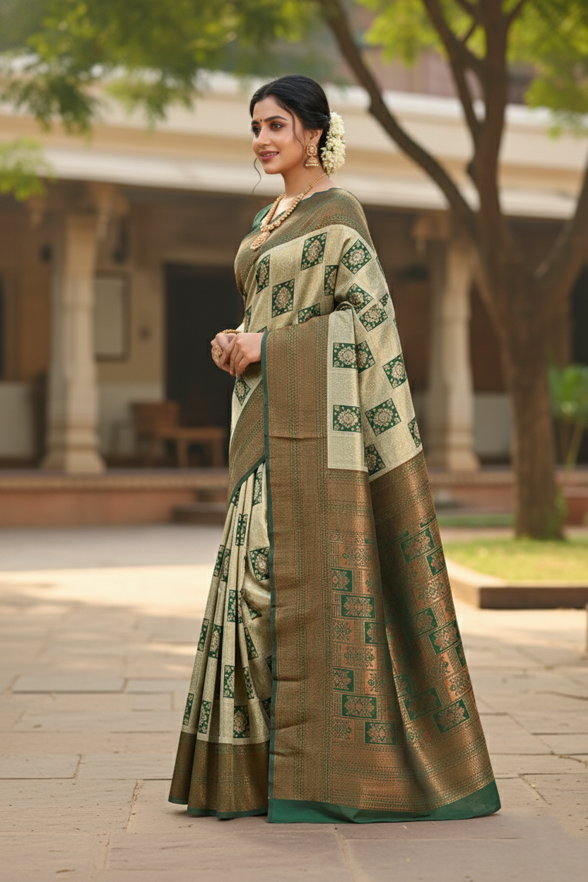 Elegant Green and Beige Woven Silk Saree with Rich Zari Work