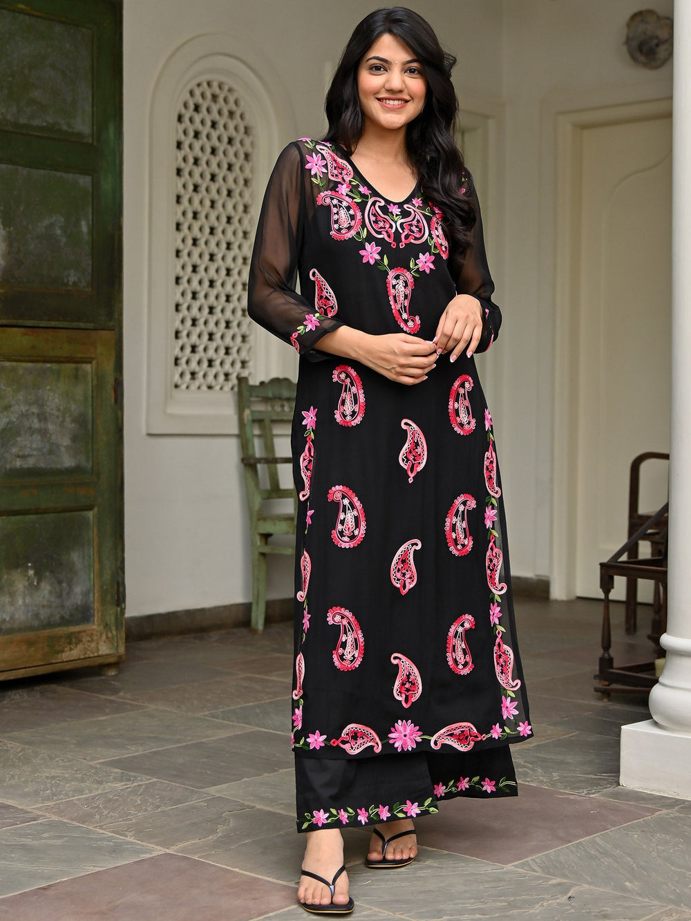 Black Georgette Embroidered Kurta Pant Set for Women | Stylish Ethnic Co-Ord Set | Floral & Paisley Work Kurti Set |
