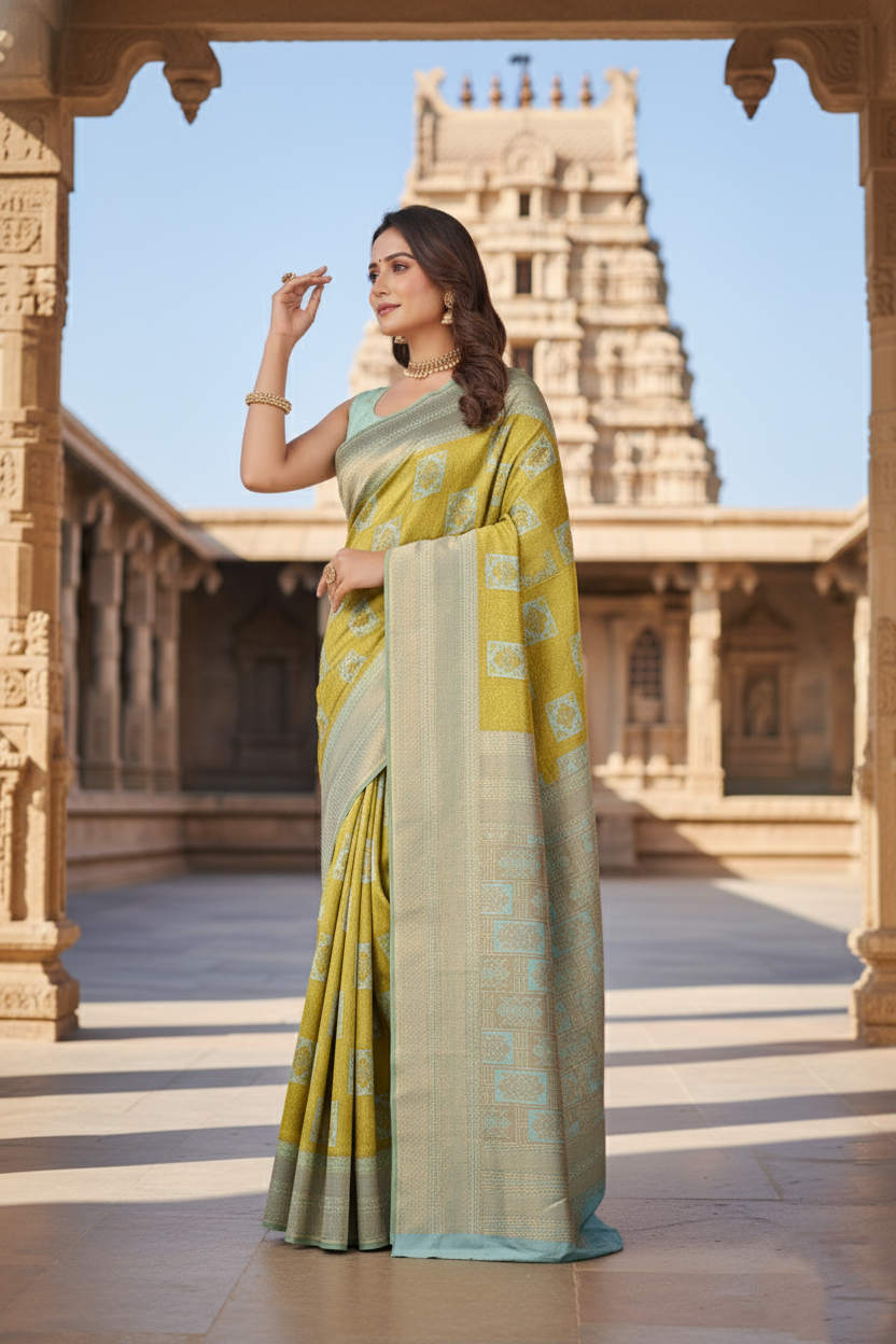 Vibrant Mustard and Aqua Blue Woven Silk Saree