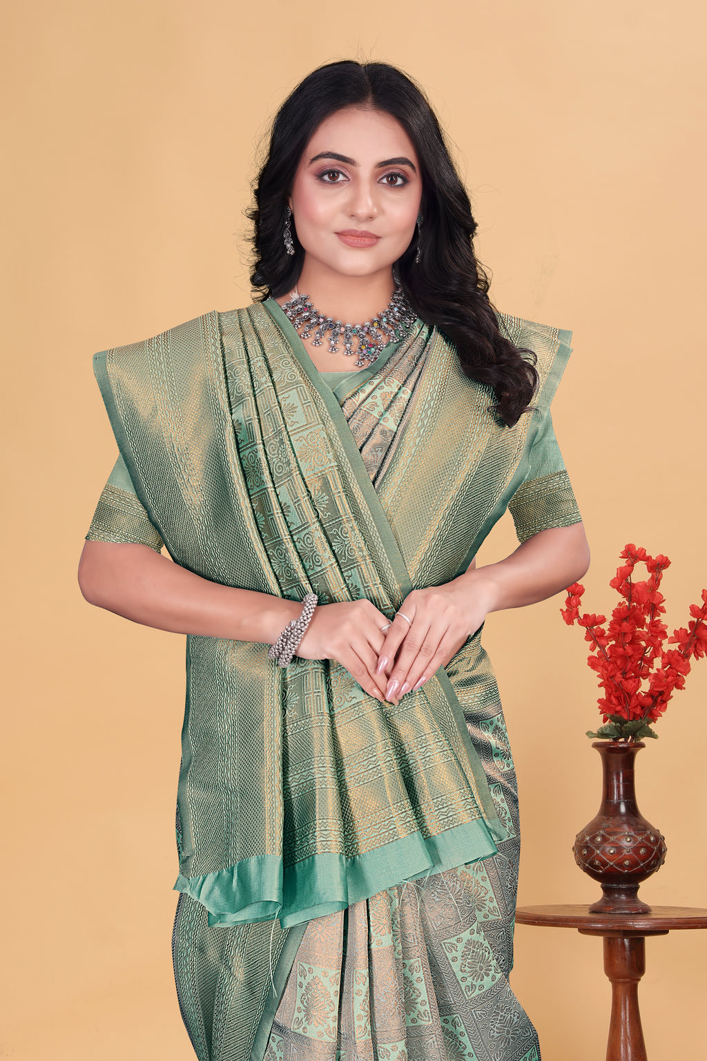 Ethereal Mint Green and Gold Woven Silk Saree