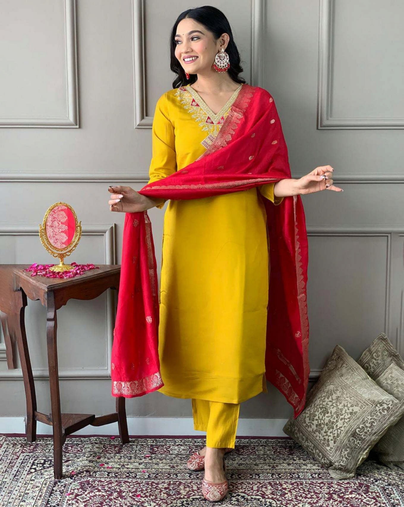 Mustard Yellow Kurta Pant Set with Red Embroidered Dupatta | Festive & Party Wear