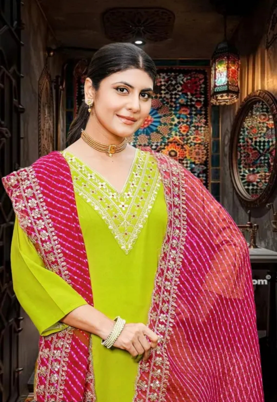 Lime Green Mirror Work Kurta Set with Pink Bandhani Dupatta | Festive & Ethnic Wear