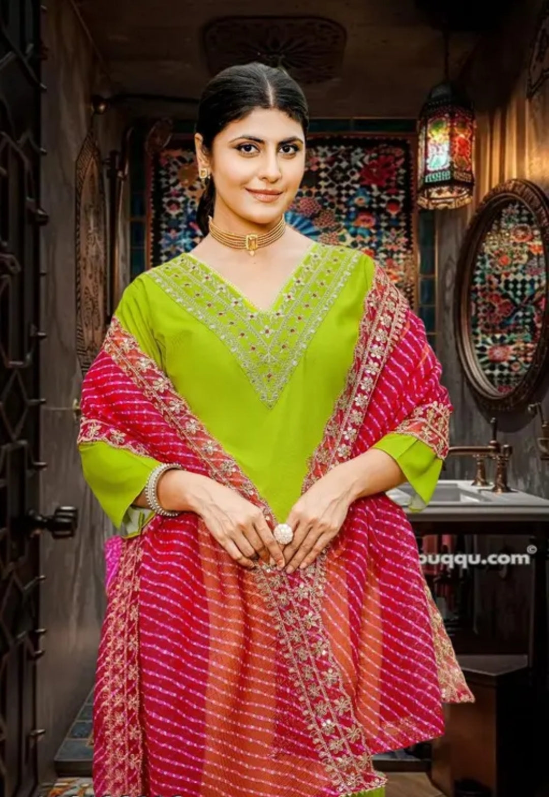 Lime Green Mirror Work Kurta Set with Pink Bandhani Dupatta | Festive & Ethnic Wear