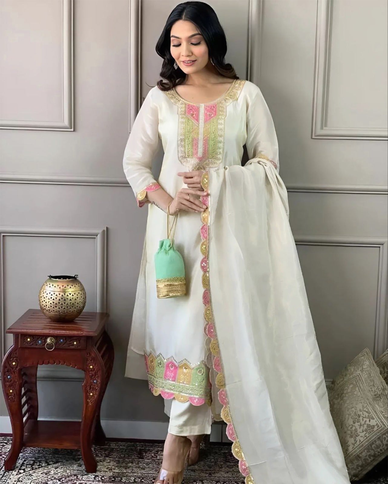 White Milano Woman Silk Kurta Pant Dupatta Set