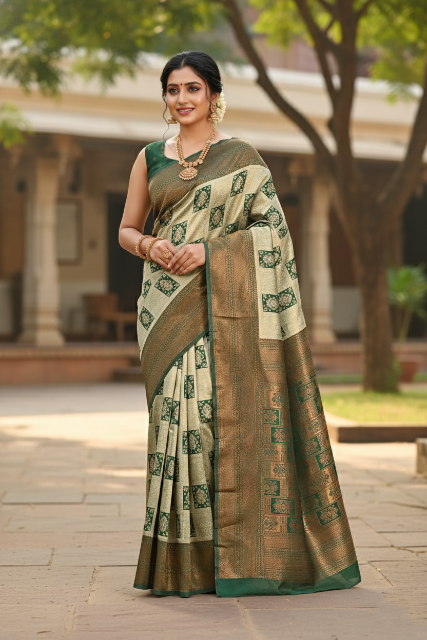 Elegant Green and Beige Woven Silk Saree with Rich Zari Work