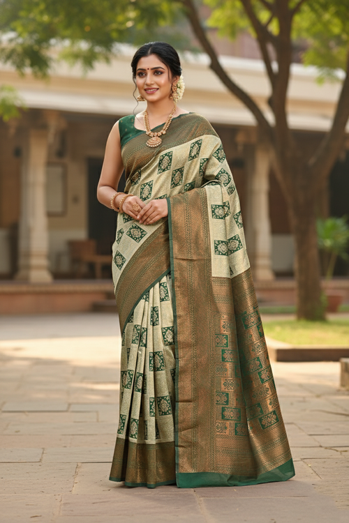 Elegant Green and Beige Woven Silk Saree with Rich Zari Work