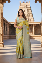 Vibrant Mustard and Aqua Blue Woven Silk Saree
