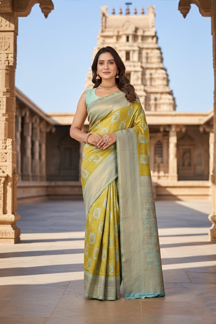 Vibrant Mustard and Aqua Blue Woven Silk Saree