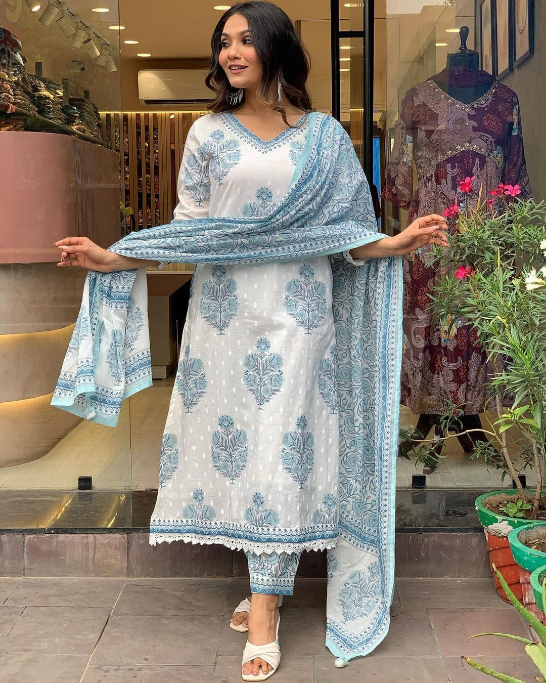 Primium Serene Sky Floral Printed Cotton Kurta Pant Dupatta