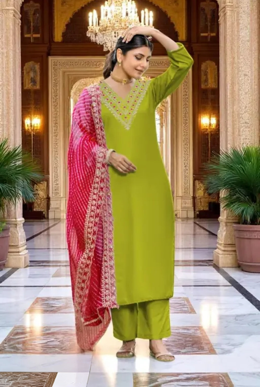 Lime Green Mirror Work Kurta Set with Pink Bandhani Dupatta | Festive & Ethnic Wear