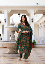 Floral Printed Knee Length V Neck Kurti And Pant Set With Printed Dupatta