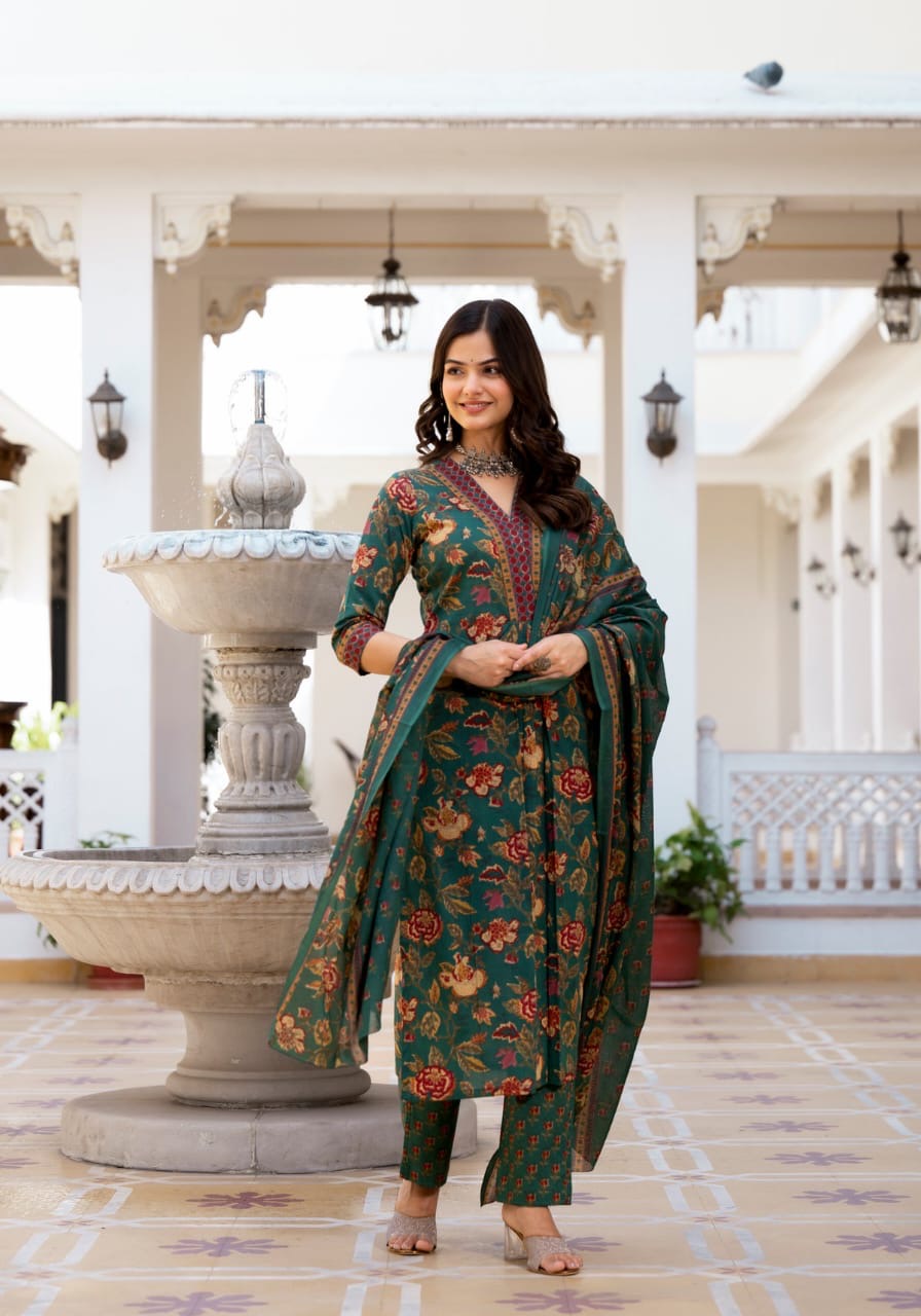 Floral Printed Knee Length V Neck Kurti And Pant Set With Printed Dupatta