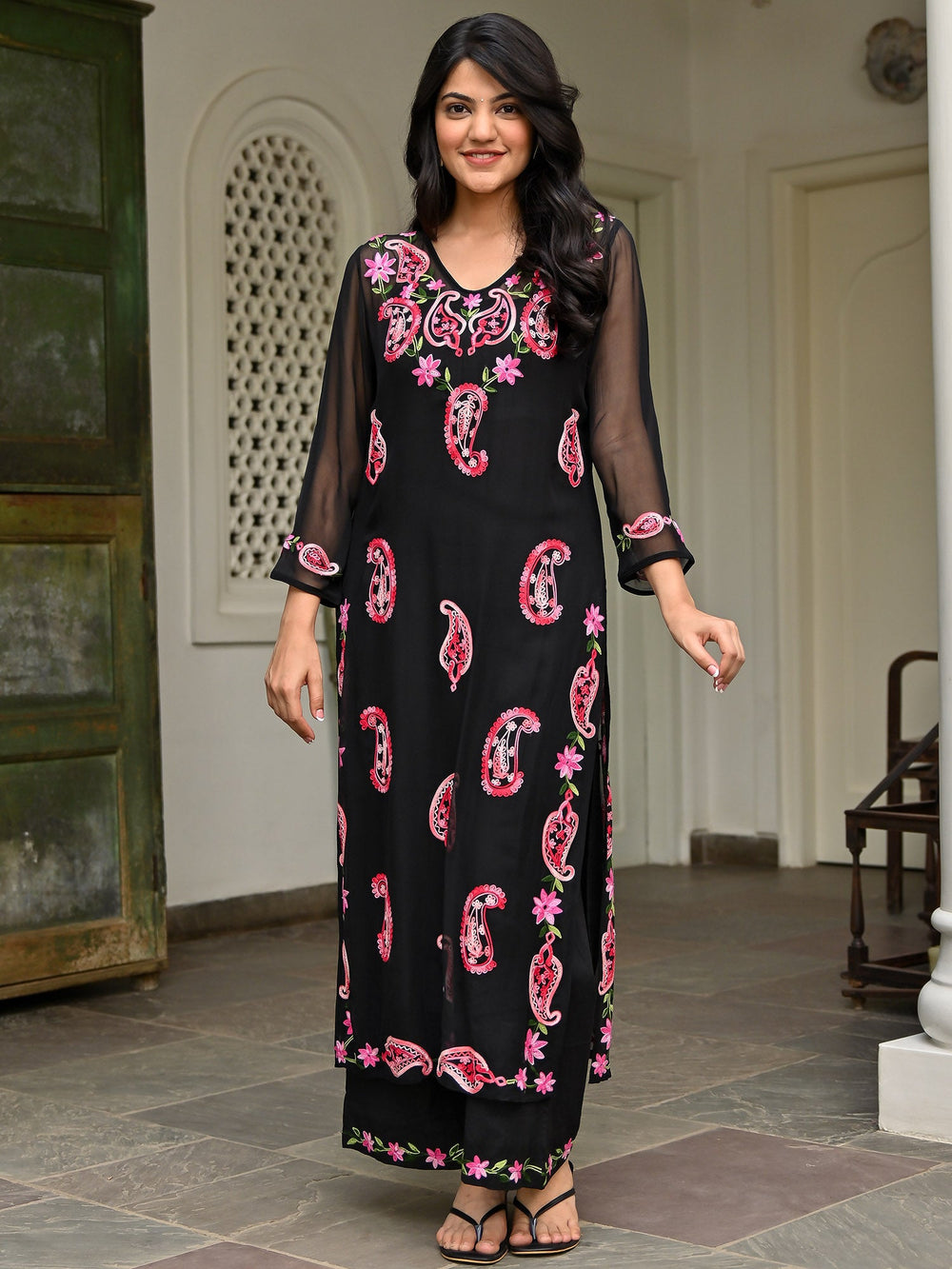 Black Georgette Embroidered Kurta Pant Set for Women | Stylish Ethnic Co-Ord Set | Floral & Paisley Work Kurti Set |