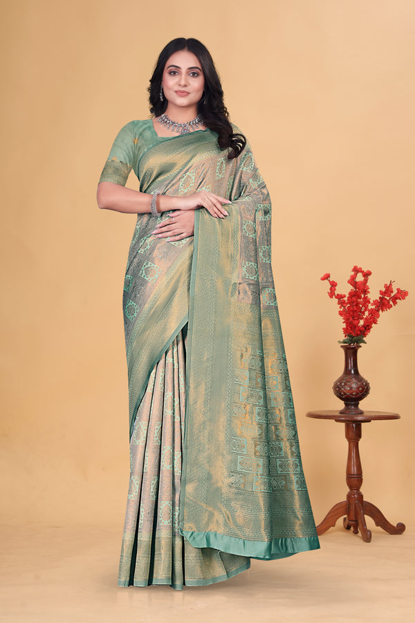 Ethereal Mint Green and Gold Woven Silk Saree