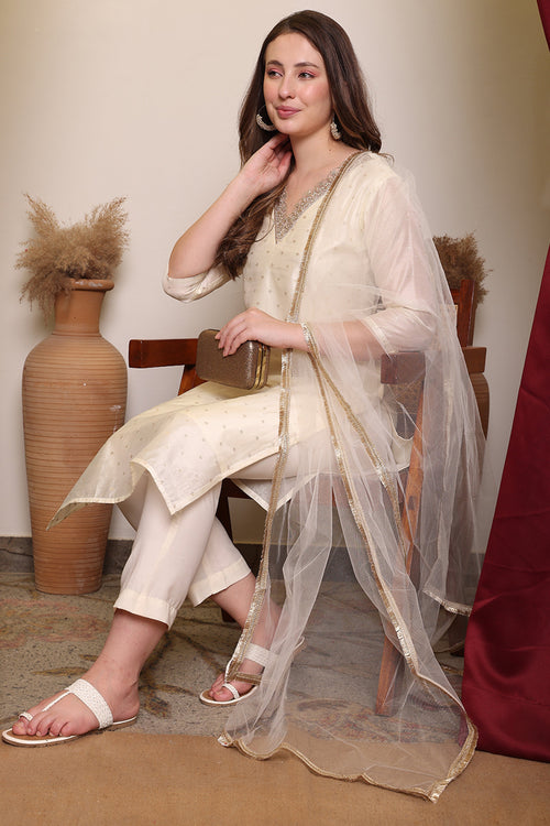 Biba Off-White Embroidered Kurta Pant Set With Dupatta