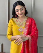 Mustard Yellow Kurta Pant Set with Red Embroidered Dupatta | Festive & Party Wear