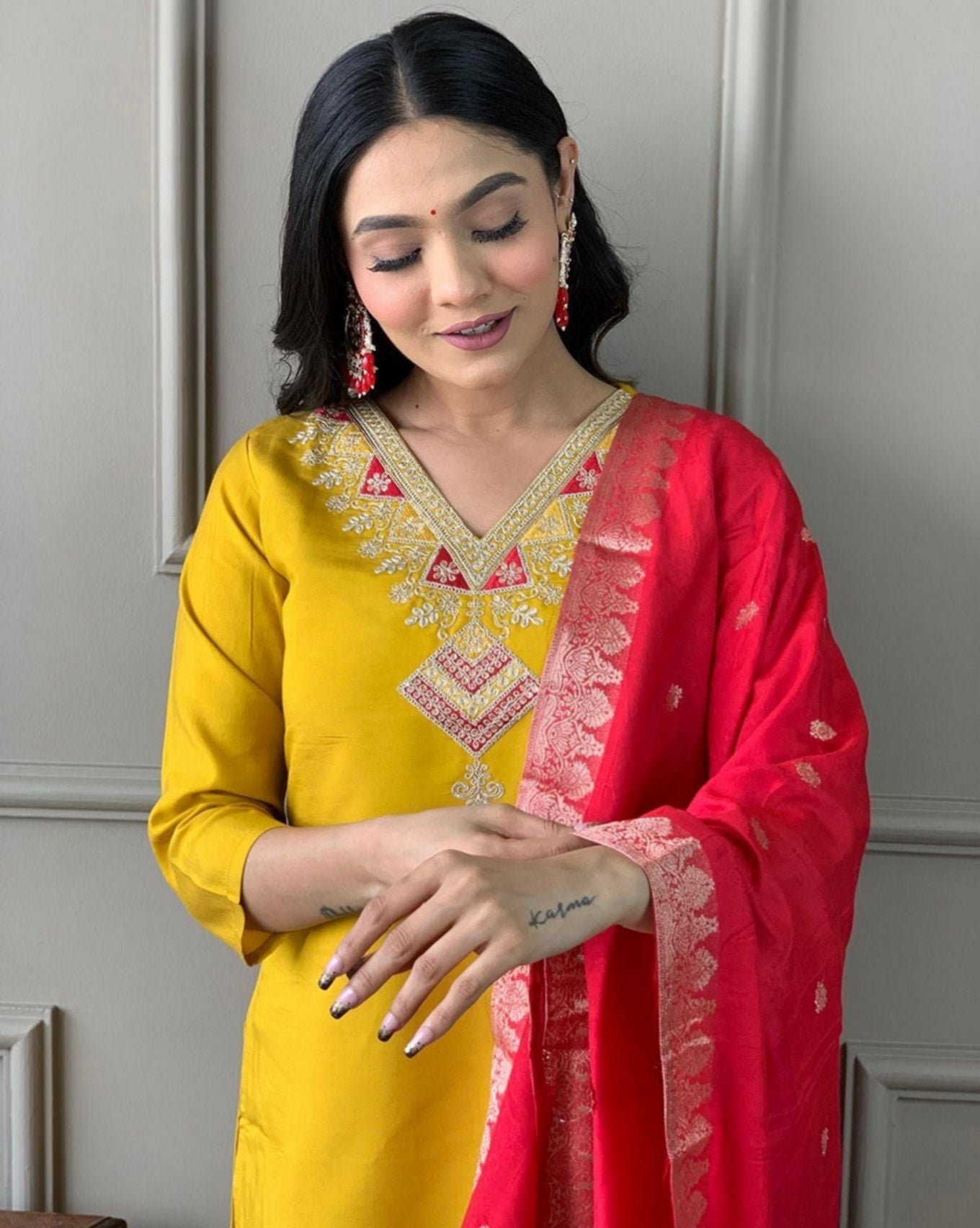 Mustard Yellow Kurta Pant Set with Red Embroidered Dupatta | Festive & Party Wear