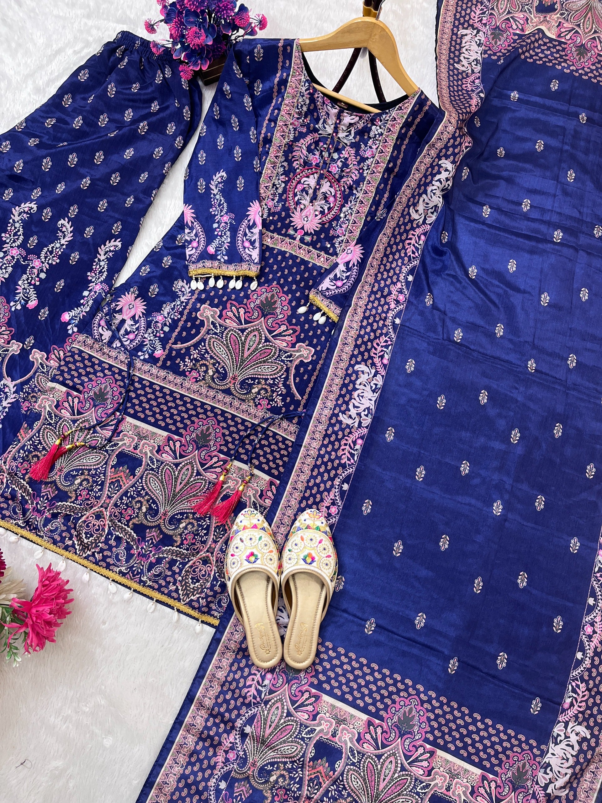 PURE CHINON SILK WORK DIGITAL PRINT WITH HAND WORK WITH FANCY LATKAN