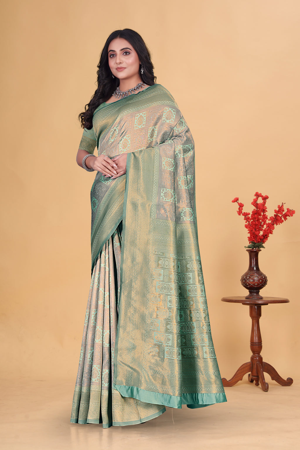 Ethereal Mint Green and Gold Woven Silk Saree