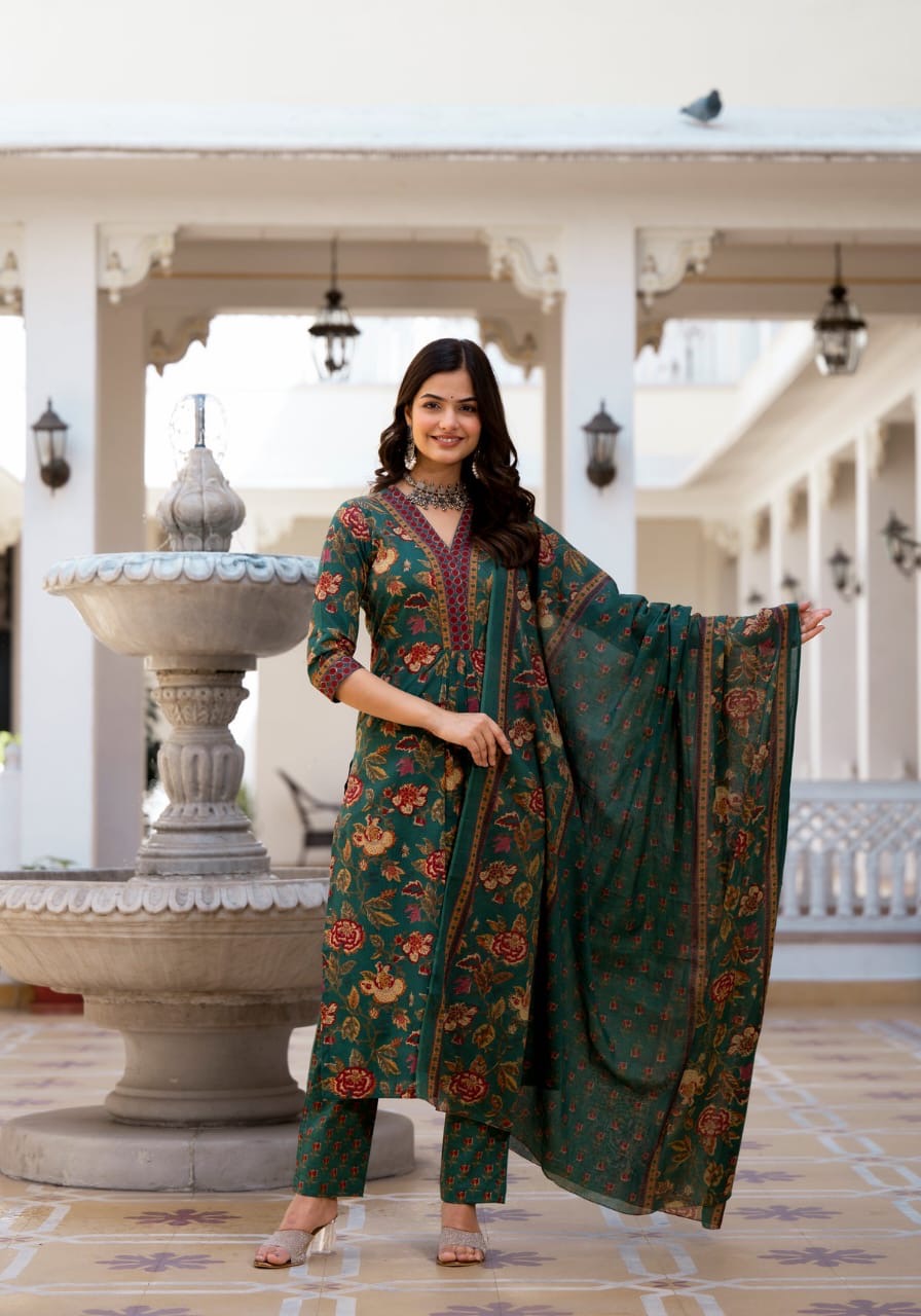 Floral Printed Knee Length V Neck Kurti And Pant Set With Printed Dupatta