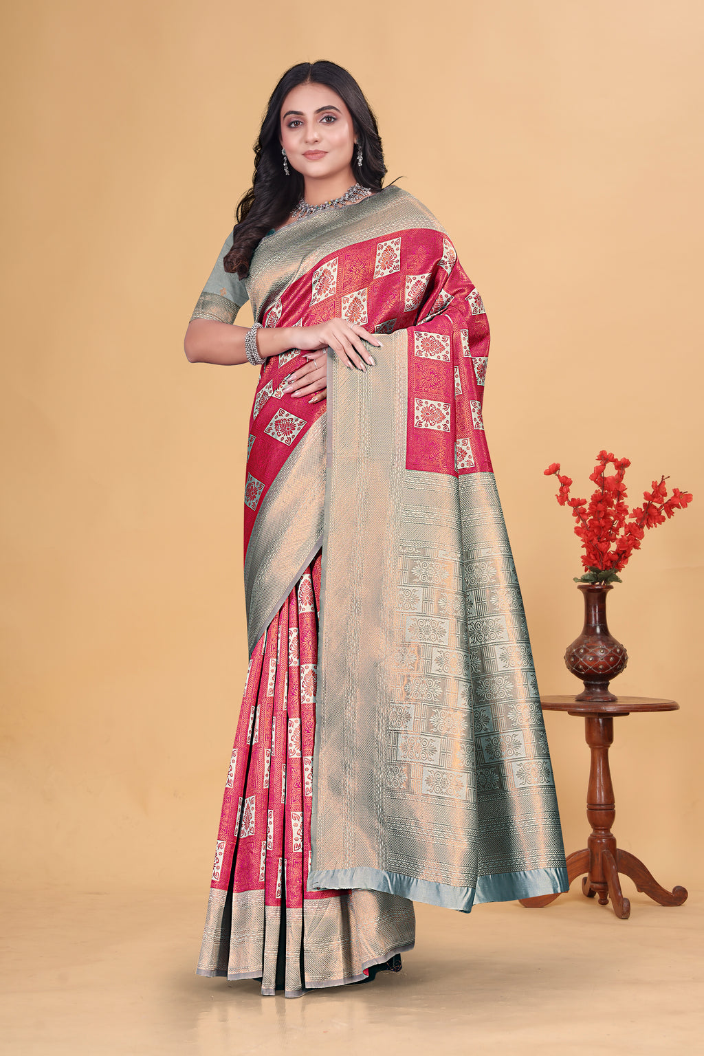 Gorgeous Rani Pink and Silver Gray Woven Silk Saree