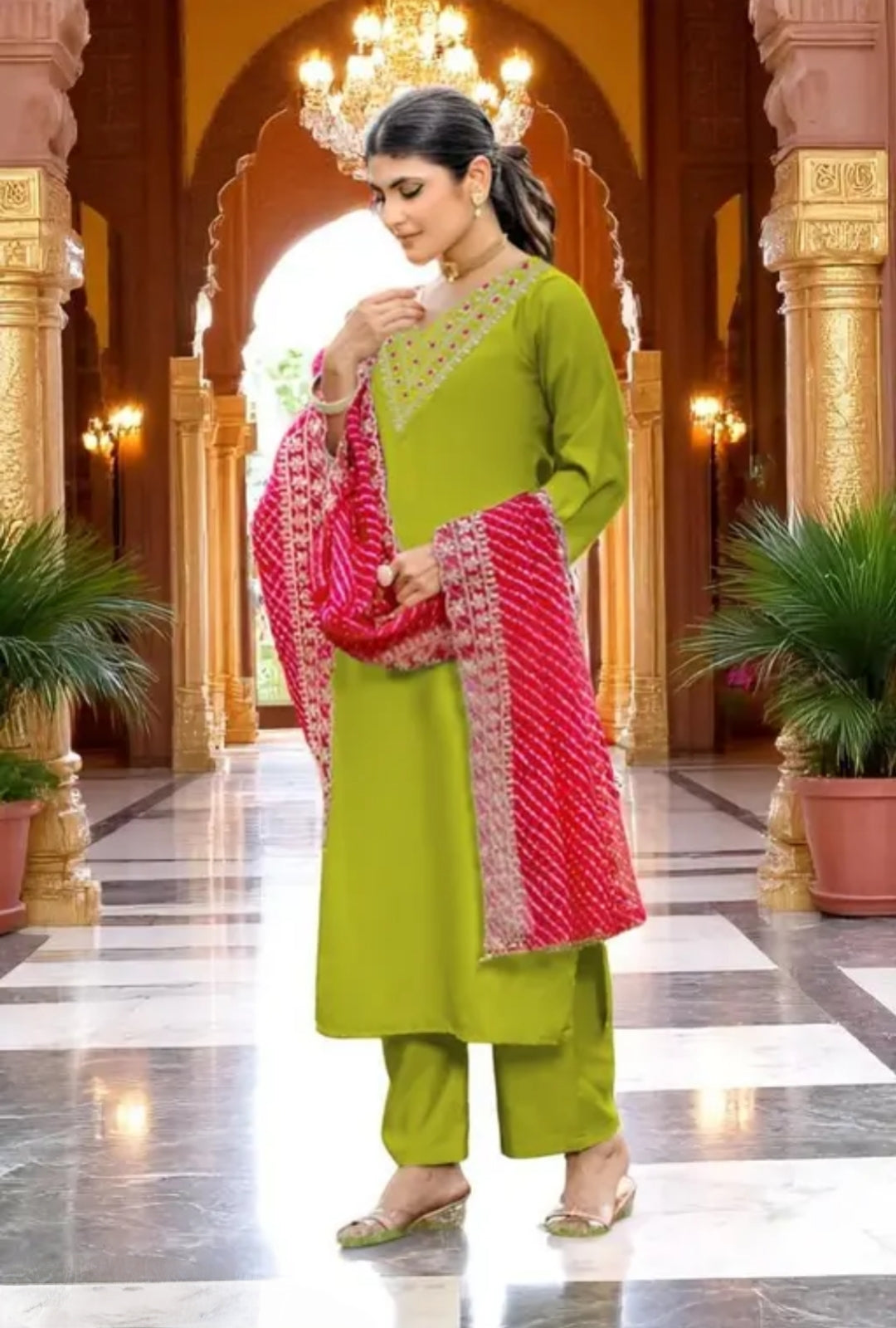 Lime Green Mirror Work Kurta Set with Pink Bandhani Dupatta | Festive & Ethnic Wear