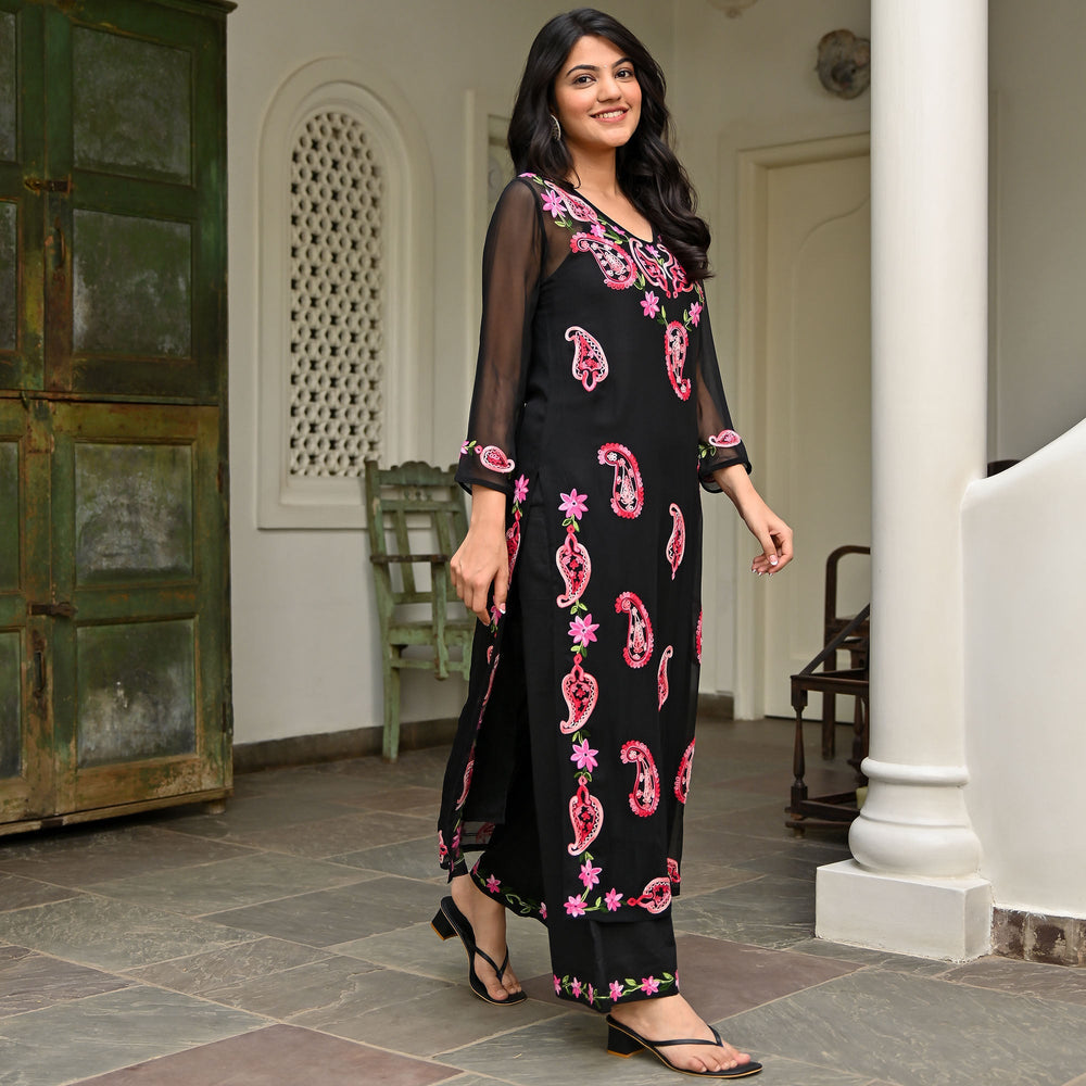 Black Georgette Embroidered Kurta Pant Set for Women | Stylish Ethnic Co-Ord Set | Floral & Paisley Work Kurti Set |