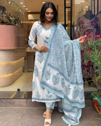 Primium Serene Sky Floral Printed Cotton Kurta Pant Dupatta