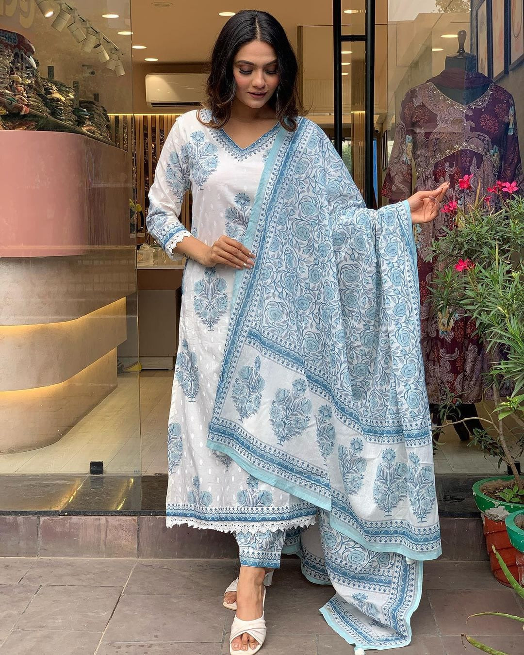Primium Serene Sky Floral Printed Cotton Kurta Pant Dupatta