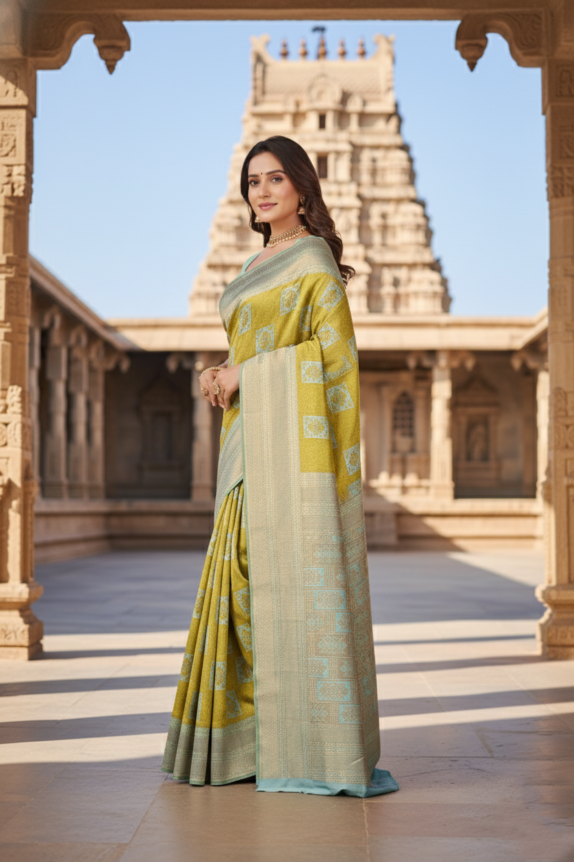 Vibrant Mustard and Aqua Blue Woven Silk Saree