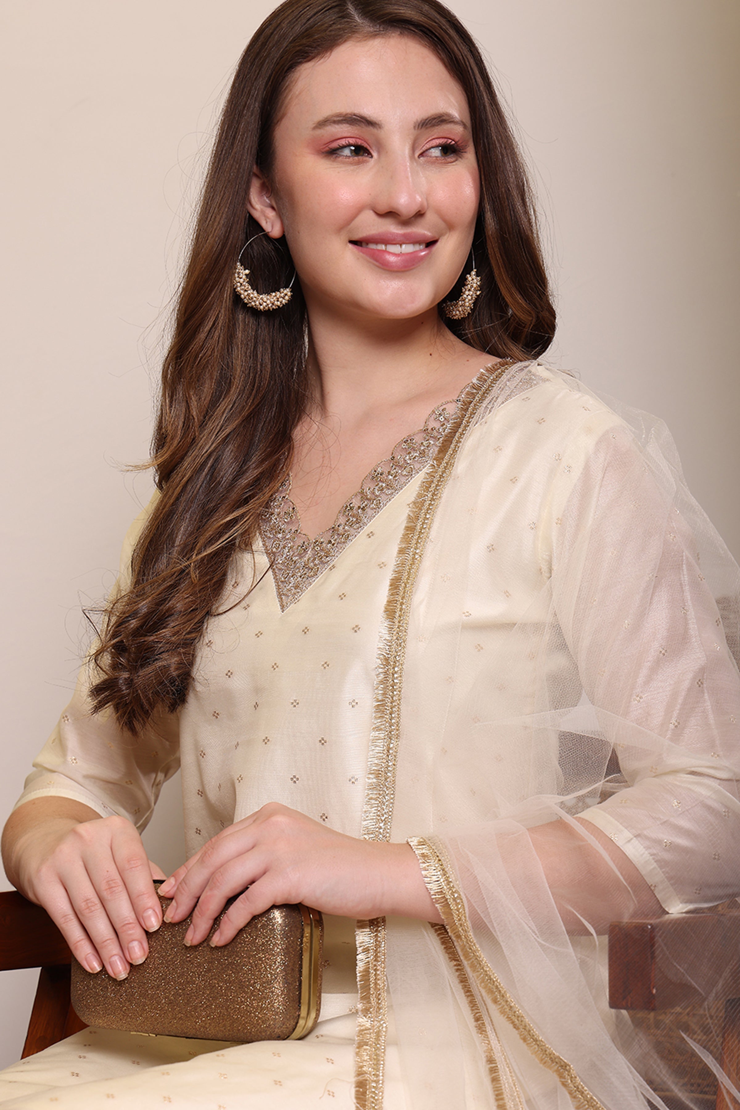 Biba Off-White Embroidered Kurta Pant Set With Dupatta
