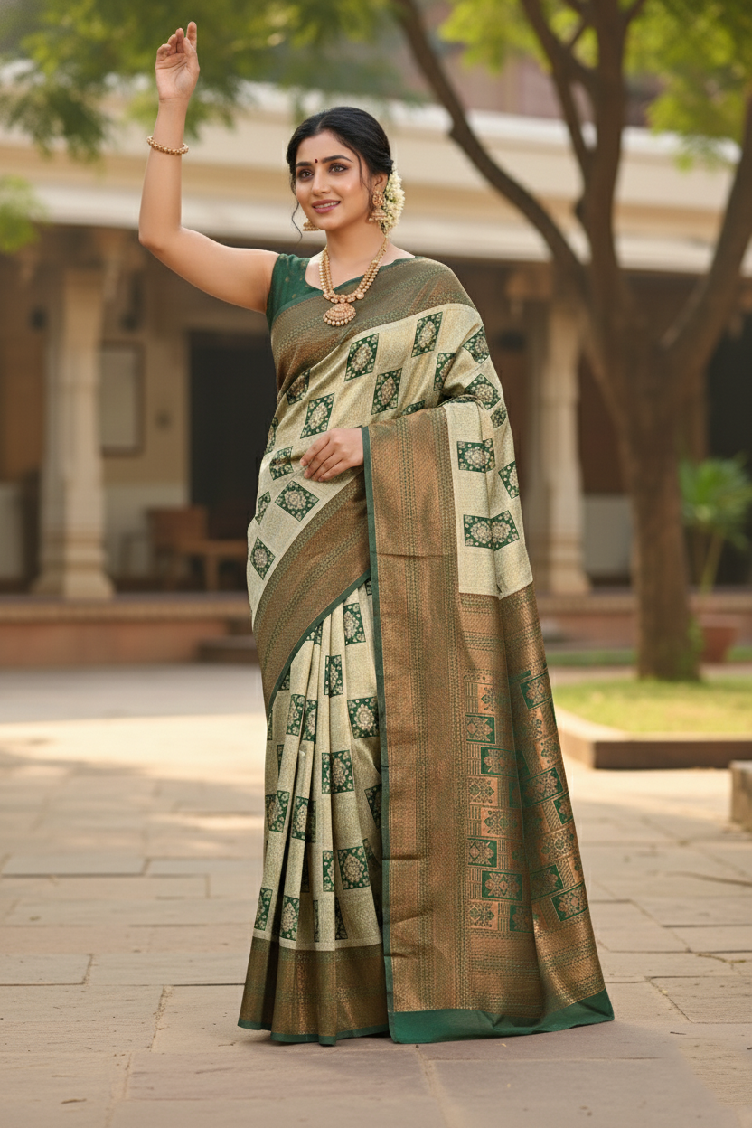 Elegant Green and Beige Woven Silk Saree with Rich Zari Work