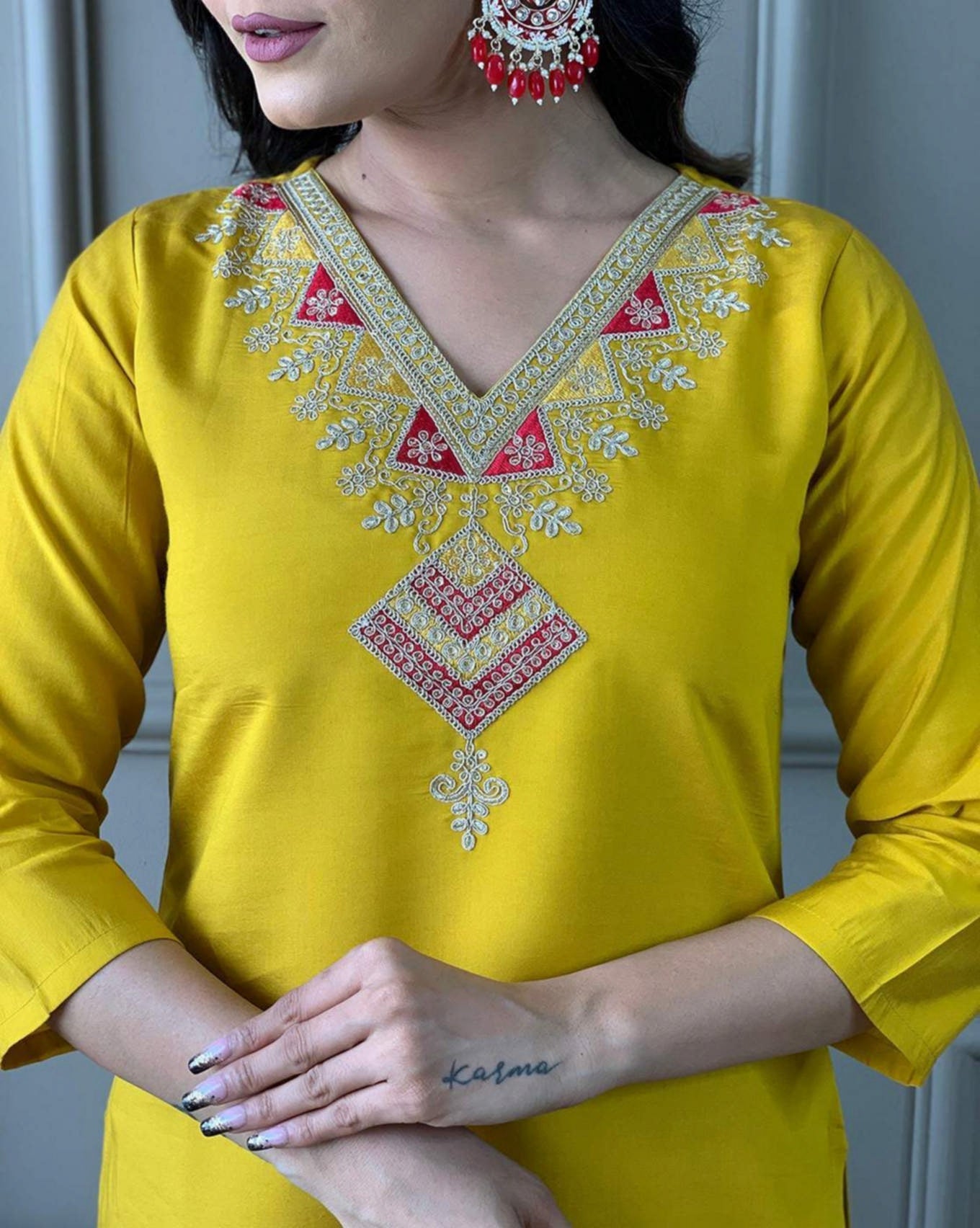 Mustard Yellow Kurta Pant Set with Red Embroidered Dupatta | Festive & Party Wear