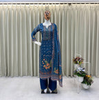Teal Blue Floral Embroidered Digital Print Suit Set