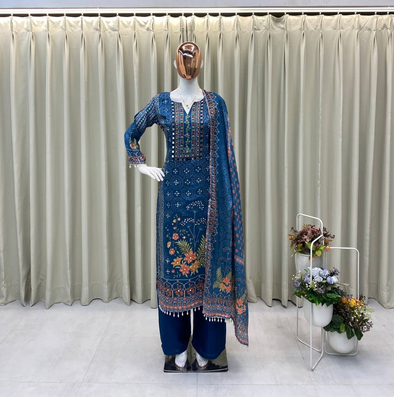 Teal Blue Floral Embroidered Digital Print Suit Set