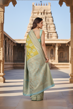 Vibrant Mustard and Aqua Blue Woven Silk Saree