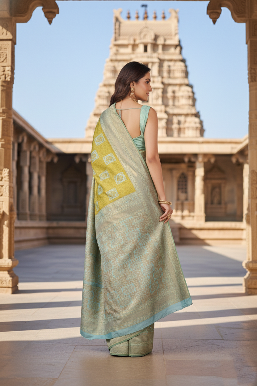 Vibrant Mustard and Aqua Blue Woven Silk Saree