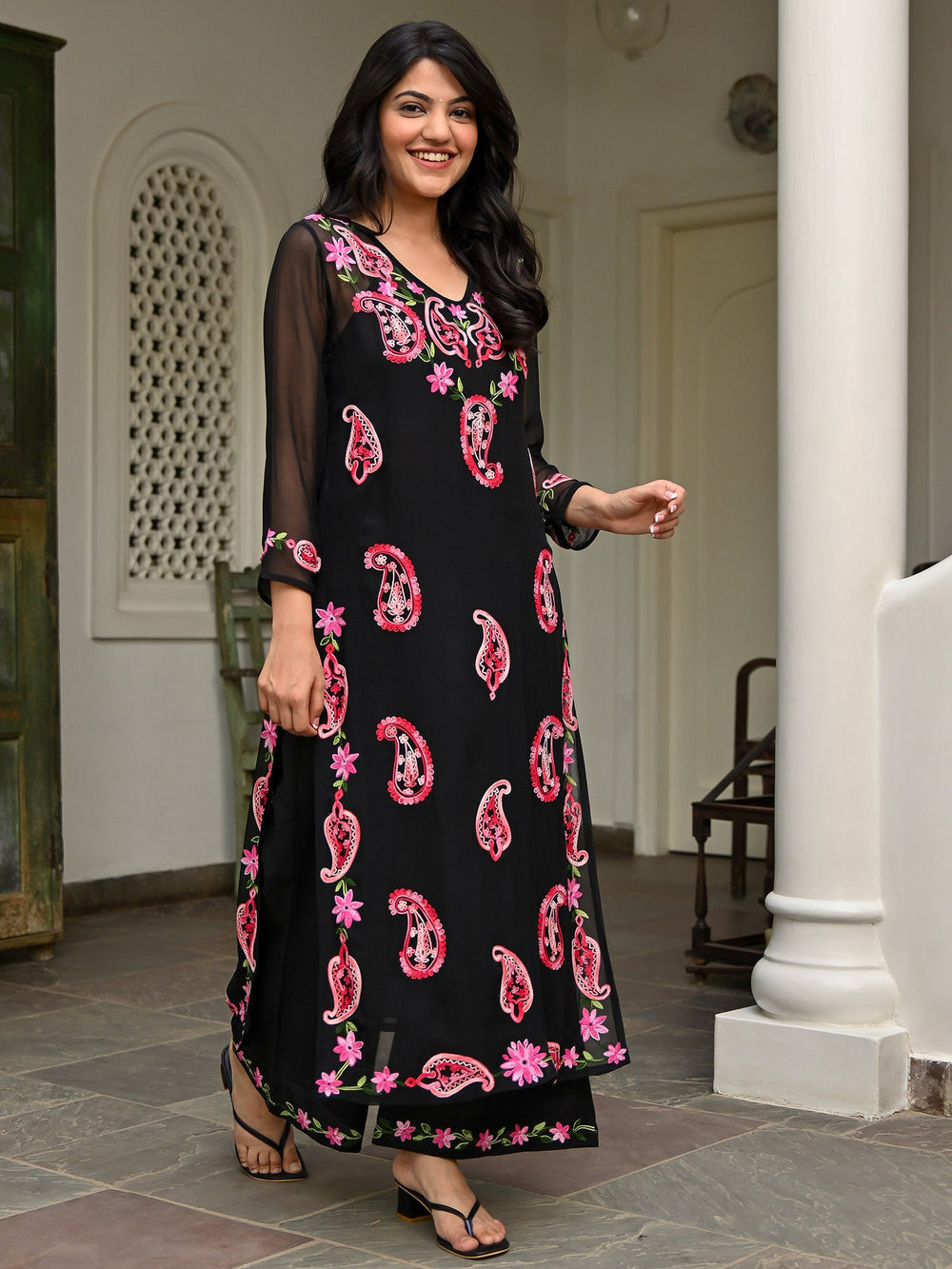 Black Georgette Embroidered Kurta Pant Set for Women | Stylish Ethnic Co-Ord Set | Floral & Paisley Work Kurti Set |