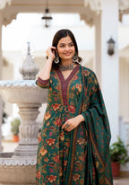 Floral Printed Knee Length V Neck Kurti And Pant Set With Printed Dupatta