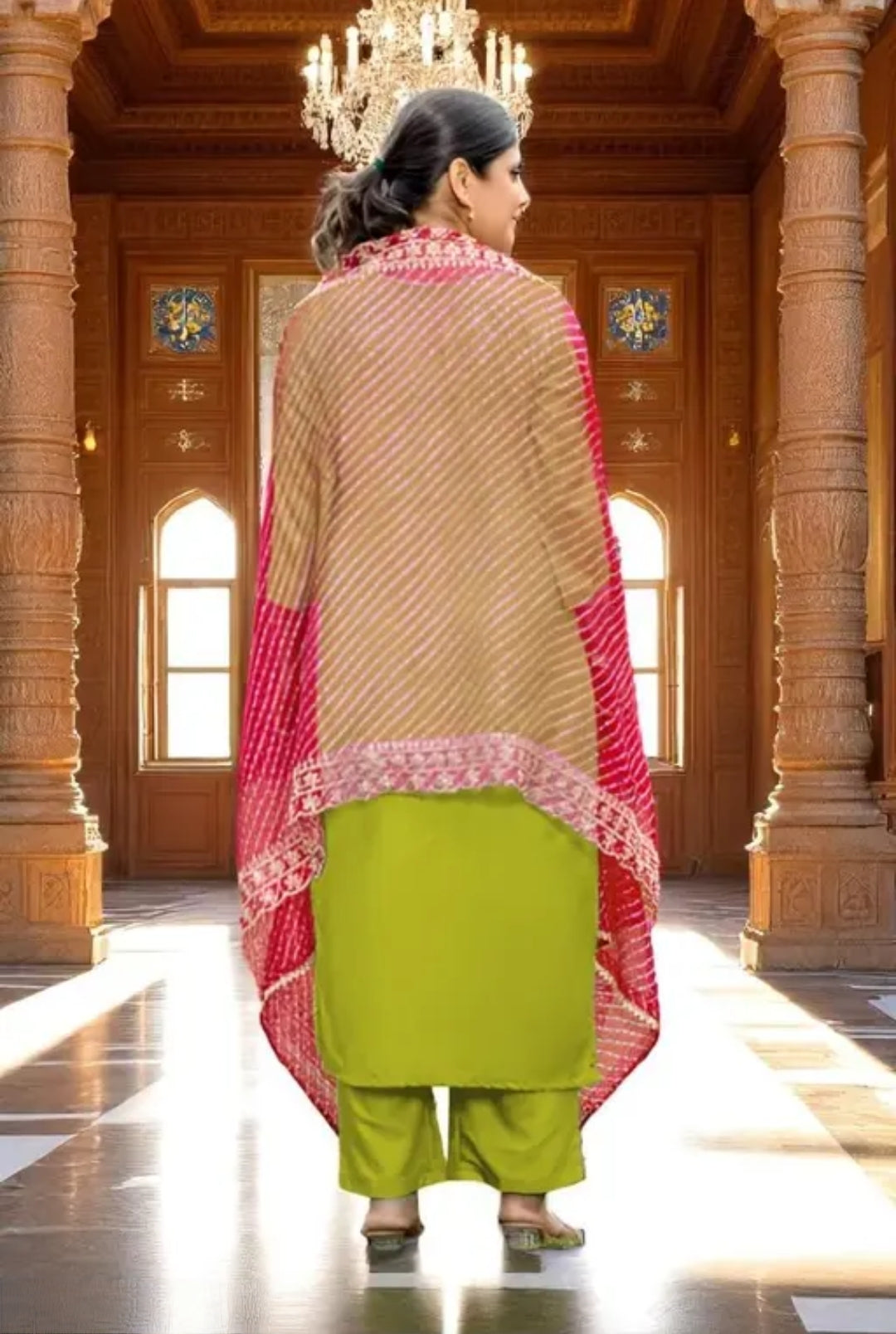Lime Green Mirror Work Kurta Set with Pink Bandhani Dupatta | Festive & Ethnic Wear